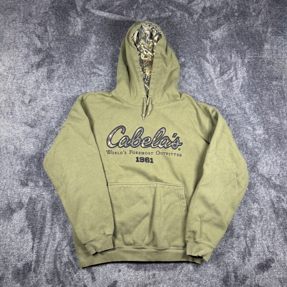 Cabelas Mens Large Olive Green Camo Logo Hoodie Sweatshirt 956881